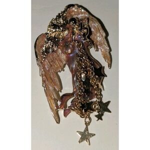 KIRKS FOLLY GUARDIAN ANGEL WITH BABY ENAMEL STARS GLITTER BROOCH PIN VINTAGE EUC